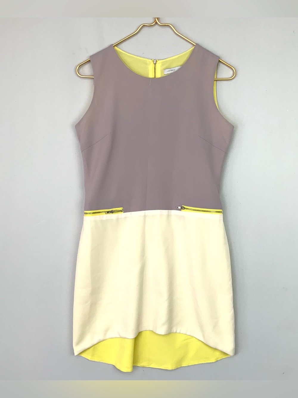 Victoria Beckham Sz 2 Yellow Sorbet Taupe Sleeveless Color Block Shift Dress Mod